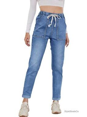 High Waisted Elastic Waist Pull On Stretch Denim Jogger Jeans for Women